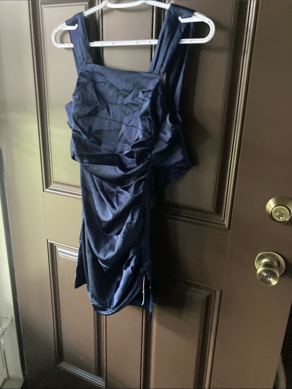 Cider Navy Satin Ruched Mini Dress